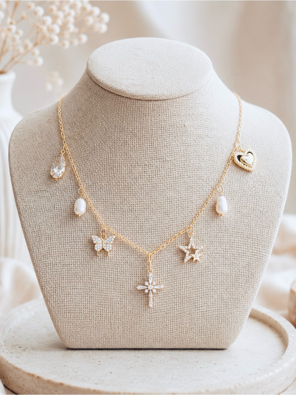 Gold Charm Pendant Necklace with Pearl and Crystal Accents